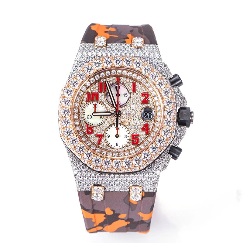 Moissanite Solitaire Bezel 9.5ct Iced Camo Silicon Band Watch